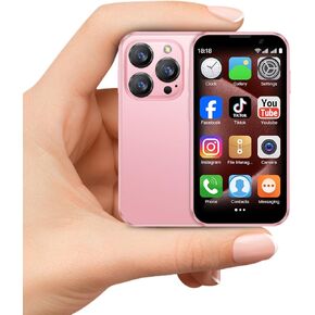 Mini phone Unlocked Mini Smartphone for kids 3.0" HD Touch Screen World's Smallest Cell Phone Quad Core Dual Sim Card Face ID Android Compact Small Mobile Phones for Student Pocket 2GB+16GB Pink