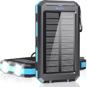 Solar Charger Power Bank - 36800mAh Type-C 5V3.1A Fast Charging Power Bank. Equipped with a Powerful Flashlight, Compass, IP65 Outdoor Waterproof Portable Power Bank (Blue)