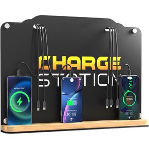 Wall Mount Charging Station with 8 Ports Phone Charger | Advertising Cell Phone Charging Station with Bamboo Organizer | Application for Schools, Office, Library, University