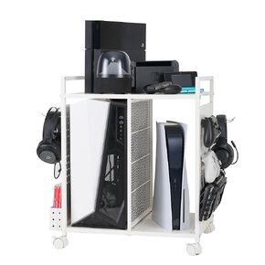 PLKOW Video Game Storage Rack, Game Storage Organizer for Consoles, Controllers, Headphones PS5 PS4 Xbox Switch Nintendo Accessories, Rolling PS5 Console Stand, Perfect Holiday Present (White)