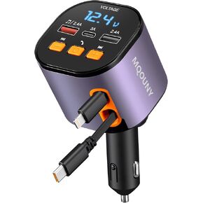 Retractable Car Charger,5 in 1 Fast Car Phone Charger 90W,Bluetooth 5.3 FM Transmitter Adapter,Handsfree Call Car Charger,2 Retractable Cables and USB Car Charger for iPhone 15/14/13 (Purple)