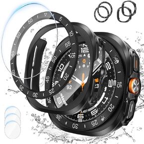 [2+2+3 Pack] Goton 3 in 1 for Samsung Galaxy Watch Ultra 47mm 2024 Screen Protector Case, HD Tempered Glass Screen Protector Hard PC Case Bezel Ring Cover for Galaxy Watch 7 Ultra Silver with Indices