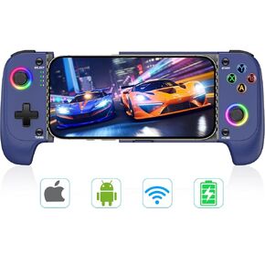 Mobile Game Controller Wireless Phone Controller for iPhone/Android, Hall Effect Gaming Controller, RGB Light, Support Phone Case, Suitable for Steam Link, Roblox, Call of Duty & More, Blue