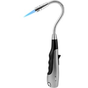 Butane Lighter Torch Long Lighter Jet Flame Windproof Lighter with Visual Fuel Window for Fireplace Kitchen Grill BBQ Camping, Black (No Butane Included)