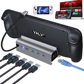 Docking Station for Steam Deck ROG Ally, 6 in 1 Stream Deck Dock with HDMI 2.0 4K@60Hz, 1000Mbps Gigabit Ethernet, 3 USB-A 3.0 and Full Speed Charging USB-C Port Compatible with Valve Steam Deck