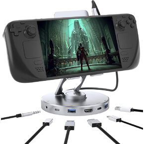 6 in 1 Docking Station for Steam Deck and ROG,with 4K@60Hz,100W PD,Audio,USB A,USB C Rotatable Folding Type-C Tablet Stand Holder for iPad,Steam Deck,ROG Ally,Phone