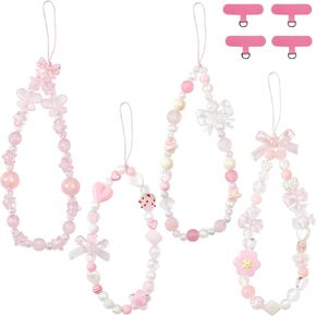 4 Pcs Butterfly Bow Cute Knot Beaded Phone Charm Cute Phone Lanyard Wrist Strap Keychain Flower Lanyard Pearl Beaded Charm Wrist Strap for Women