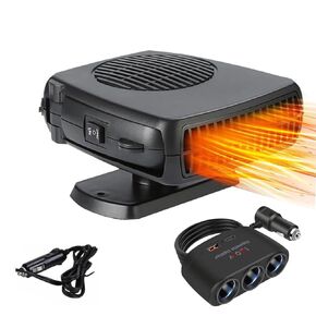 12V200W Car Heater&Cooling Fan - Portable Windshield Defogger&Window Defroster for Winter&Wet Conditions - Includes Cigarette Lighter Plug&3-Socket Car Cigarette Lighter Splitter Adapter for All Cars