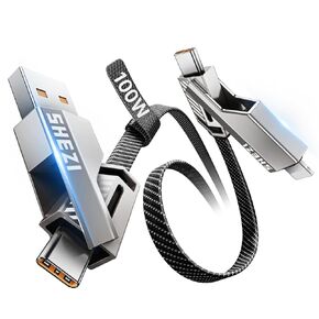4-in-1 USB C Cable 60W 3FT Lightning Cable Fast Charging Flat Nylon Braided for iPhone iPad Charger Cord [480Mbps Data Sync] Multi Charge Cable with Lightning/Type C/USB A Port (SHEZI Series)