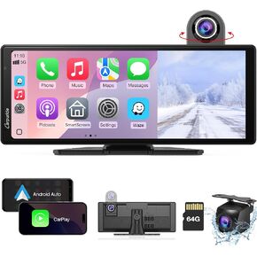 Carpuride Wireless Carplay & Android Auto with Dash Cam - 10 Inch HD IPS Touch Car Play Screen for Car, 4K Front & 1080P Rear Camera, Loop Recording, Bluetooth Audio, Mirror Link, GPS, Siri