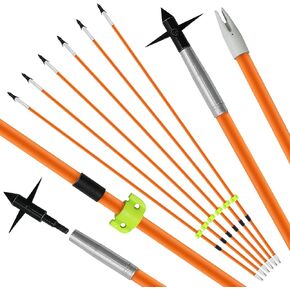 Archery 6pcs 32 Inches Fiberglass Shaft Fishing Arrows 8mm Bowfishing Arrow with Broadheads for Compound and Recurve Bow Fishing Hunting