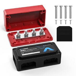 300A Bus Bar 48V DC Heavy Duty Power Distribution Block with 4*M8 Terminal Studs for Automotive, Car, Marine, Solar Applications and Electrical System(Positive Bus Bar - Red, Negative Bus Bar - Black)