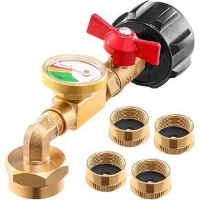 Propane Refill Adapter for 1lb. Tanks, Upgraded Propane Adapter 20lb to 1lb Converter with Gauge and Valve, QCC1 90-Degree Elbow with 4 Bottle Caps for BBQ Grill Stove Camping RV, Solid Brass