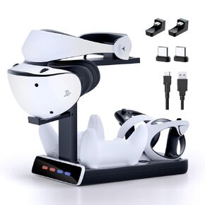 3-in-1 Controller Charging Dock for PSVR2 and PS5, VR Stand Display with LED Light, PS5 VR2 Storage Base Gaming Accessories, 4 Magnetic Clasp & Type-C Cable