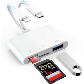SD Card Reader for iPhone iPad Mac, Digital Camera Adapter to iPhone Lightning & USB C Dual Connector, Trail Camera Memory Card Viewer with SD/Micro SD/USB-A 3 Slot, No App Plug and Play