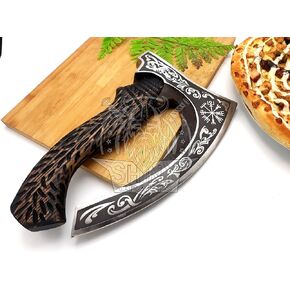 SHINY CRAFTS -Axes viking axe real weapon mens axes gifts for him- with Black Etching Authentic Medieval Pizza Cutter Axe, Norse Pizza Axe Gift, Carbon Steel Viking Axe with Sheath (SCA-027)