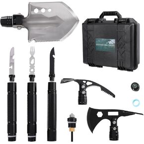 Survival Shovel Multitool 14-in-1 – Tactical Folding Shovel & Axe for Camping, Hiking, Hunting – Military Grade Gear with Adjustable Handle, Portable Storage Box