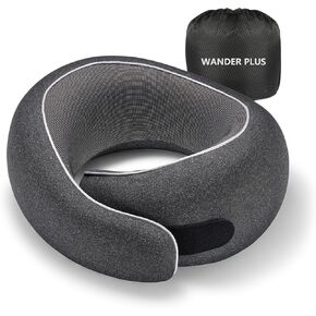 WANDER PLUS® Travel Neck Pillow, Pure Memory Foam Neck Pillow for Airplanes, Comfortable Breathable Cover, 360 Degree Support Ergonomic Design Best for Sleeping Plane Train Travel Essentials Max Black