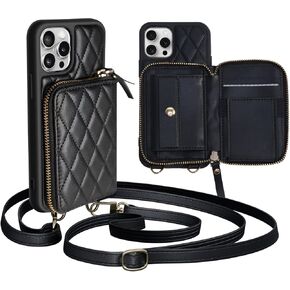 for iPhone 16 Pro Max Wallet Case Crossbody, PU Leather Zipper Handbag Purse Flip Cover Standar, Independent Slot Adjustable Strap Portable 6.9-Inch iPhone Case Black