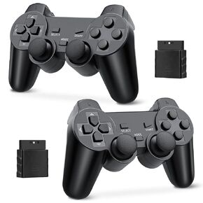 Funcilit Wireless Controller for PS2 2.4G, Double Shock Vibration Twin Shock Gamepad for Playstation 2 (2 Pack Black)