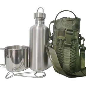 Canteen 42oz - Single Wall Stainless Steel Water Bottle & 24oz Camping Cup & Carrying Bag | Outdoor Survival Canteen Kit | Bushcraft Gear | Wide Mouth Design | Essential Hiking Accessories