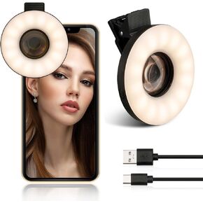 37mm Macro Lens for iPhone and Android with Mini Clip Ring Light, Portable Rechargeable Dimming, for Smart Phone Photography, Camera Video Recording, VLOG
