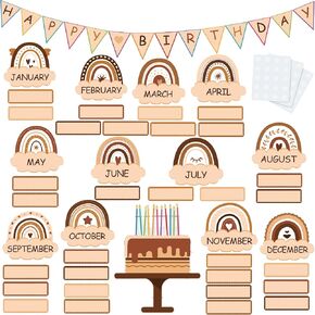 60 Pieces Boho Classroom Decor Birthday Bulletin Board Decorations Set Rainbow Bulletin Board Decor Classroom Chart Wall Decoration Cutouts for School Calendar Birthday Border (Brown Series)