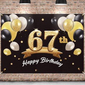 Happy 67th Birthday Banner Backdrop - 67 Birthday Party Decoration Supplies for Men - Black Gold 4 x 6ft