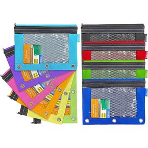 BAZIC Pencil Pouch 3 Ring Binder Pouch w/ Rivet Enforced Rings Holes, Mesh Window, Zipper Pouches, Pack of 10 Colors