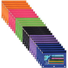24-Packs 3 Ring Pencil Pouch, Binder Pouches with 3 Hole, Bulk Zipper Pencil Case Suitable for Class, School, Office(6 Colors)