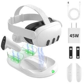 قاعدة شحن TiMOVO لـ Meta Quest 3، قاعدة شحن Quest 3 مع محول طاقة 45 وات، محطة شحن مغناطيسية سريعة Oculus Quest 3 لسماعات الرأس وأجهزة التحكم مع ضوء LED وبطاريتين Ni-MH، أبيض