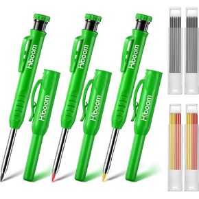 Hiboom 3 Pack Carpenter Pencils Set with 24 Refills, 2.8 mm Mechanical Carpenter Pencil Built in Sharpener Woodworking Marking Tool Solid Long Nosed Deep Hole Construction Pencil (Black)