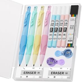 Four Candies 4PCS Thick Barrel Mechanical Pencil with Comfort Grip, 2.0MM Ergonomic Mechanical Pencil with 44PCS Lead Refills, 2PCS Sharpeners/Erasers, Aesthetic School Supplies for Writing Drawing