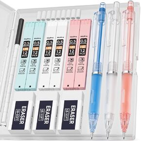 23PCS Pastel Mechanical Pencil 0.5 & 0.7 mm with Case for School, with 12 tubes HB Lead Refills, 3 Erasers, 9 Eraser Refills For Student Writing, Drawing, Sketching, Blue & Pink & White Colors
