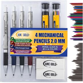 June Gold 4 Pro 2.0 mm Mechanical Pencils, 36 Colored Refills, 36 2B Refills, 36 4B Refills, 2 Sharpeners, 2 Smudge Resistant Erasers, Built in Sharpeners & Soft Non-Slip Grip on Each Pencil