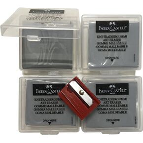 Faber-Castell Large Kneaded Art Eraser Grey Artist Drawing Art Pencil Eraser with Casing [Pack of 4] + 1 Faber-Castell Sharpener