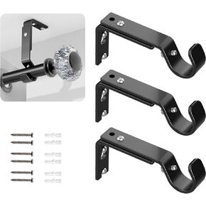 Adjustable Brackets for 1 or 7/8 Inch Curtain Rod,Heavy Duty Black Curtain Rod Holders Single Curtain Rod Hanging Hardware Wall Mount Bracket Drapery Hooks Fix Rod Pole Support,Set of 3