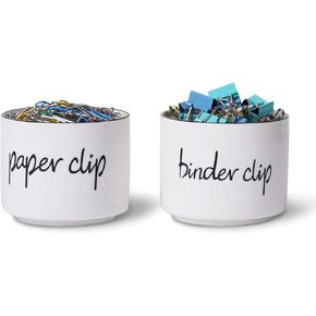 ONTUBE Ceramic Paper Clip Holder and Binder Clip Holder Set Dispenser Organizer for Desk (White)