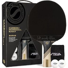 STIGA Carbon+ Bundle Ping Pong Paddle Set – 7-ply Extra Light Carbon Fiber Blade – 2mm Premium Sponge – Concave Pro Handle – 2 3-Star Tournament Balls – Neoprene Racket Cover – Player Wristband