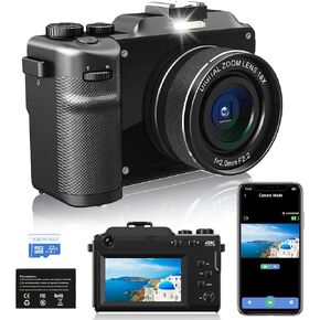 4K 48MP Digital Camera for Photography: 18X Zoom Dual-Lens Travel Vlogging Camera with 32GB SD Card for YouTube Tiktok, 3''Autofocus Compact Camera for Teenagers Beginners Students
