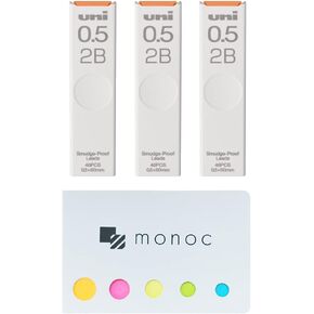 Uni Pencil Lead,"The Uni" Smudge-Proof Leads, 0.5mm 2B, 3 Pack &"monoc" Sticky Note(Japan Import)