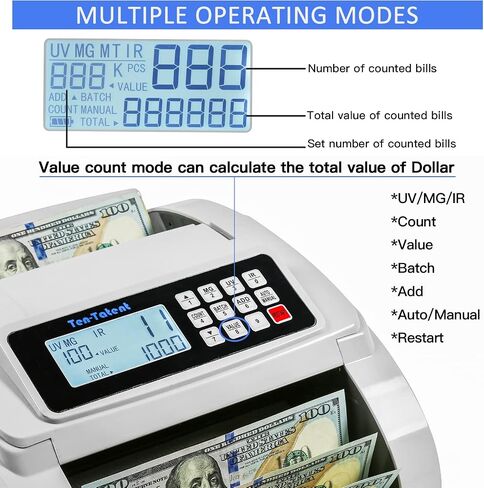 Ten-Tatent Bill Counter Machine, Money Counter Machine with UV/MG/IR/Counterfeit Detection, Count Value of Bills, ValuCount, Add and Batch Modes, Large LED Display, 1,000 Bills/Min (White) in Saudi Arabia