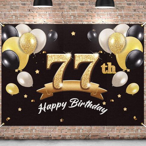 خلفية لافتة عيد الميلاد الـ 77 السعيدة - 77 لوازم زينة لحفلات أعياد الميلاد للرجال - أسود ذهبي 4 × 6 أقدام in Saudi Arabia