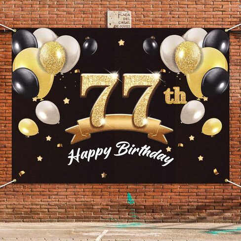 خلفية لافتة عيد الميلاد الـ 77 السعيدة - 77 لوازم زينة لحفلات أعياد الميلاد للرجال - أسود ذهبي 4 × 6 أقدام in Saudi Arabia