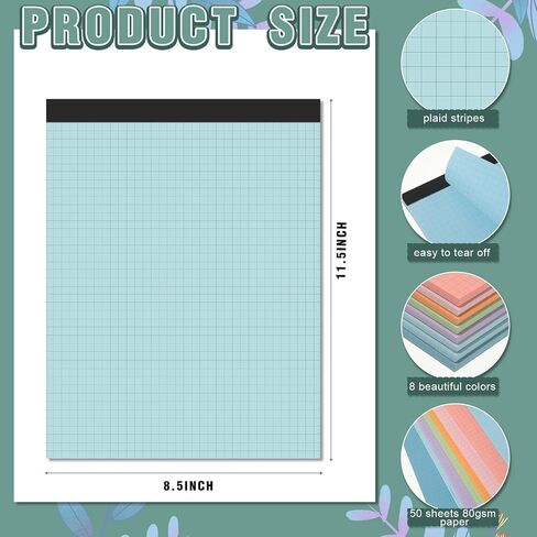 Ctosree 8 Pads 8.5 x 11 Inch Quad Legal Notepads Colored Graph Paper 4 Squares Per Inch Engineering Paper Grid Paper Pad Blueprint Paper for School Office Business Supplies, 50 Sheets (Candy Colors) in Saudi Arabia