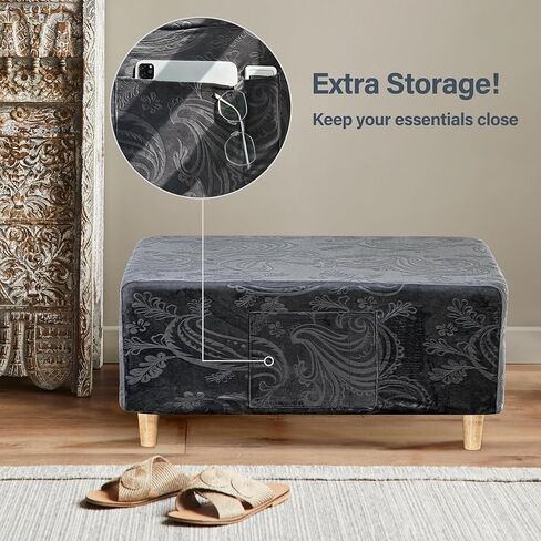 Paisley Ottoman Cover Square Thick Velvet Ottoman Cover Rectangular with Storage Pocket, Stretchable Fit Length 27"-40" Small Large Ottoman Slip Cover in Kuwait