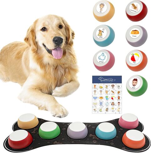 أزرار للكلاب للتواصل، مجموعة أزرار ناطق للكلاب مكونة من 7 أزرار، طنانات تدريب قابلة للتسجيل، زر التحدث للكلاب مع حصيرة أزرار للكلاب مقاومة للماء ومضادة للانزلاق و25 ملصقًا للمشهد (البطاريات متضمنة) in Kuwait