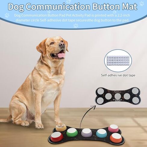 أزرار للكلاب للتواصل، مجموعة أزرار ناطق للكلاب مكونة من 7 أزرار، طنانات تدريب قابلة للتسجيل، زر التحدث للكلاب مع حصيرة أزرار للكلاب مقاومة للماء ومضادة للانزلاق و25 ملصقًا للمشهد (البطاريات متضمنة) in Kuwait