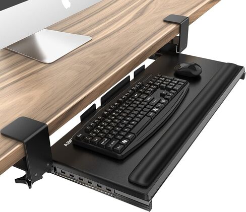 AboveTEK Large Keyboard Tray Under Desk with Wrist Rest, 26.7"×11" Ergonomic Desk Computer Keyboard Stand with Sturdy C Clamp Mount System, Slide-Out Drawer Keyboard Mouse Holder for Office(Black) in Saudi Arabia