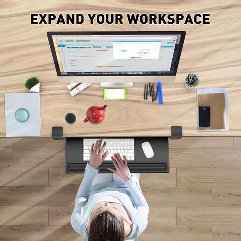 AboveTEK Large Keyboard Tray Under Desk with Wrist Rest, 26.7"×11" Ergonomic Desk Computer Keyboard Stand with Sturdy C Clamp Mount System, Slide-Out Drawer Keyboard Mouse Holder for Office(Black) in Saudi Arabia